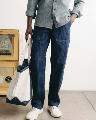 fit model showing off The Mariner Jean in Rinsed Indigo Dobby Denim, Bottoms by Taylor Stitch